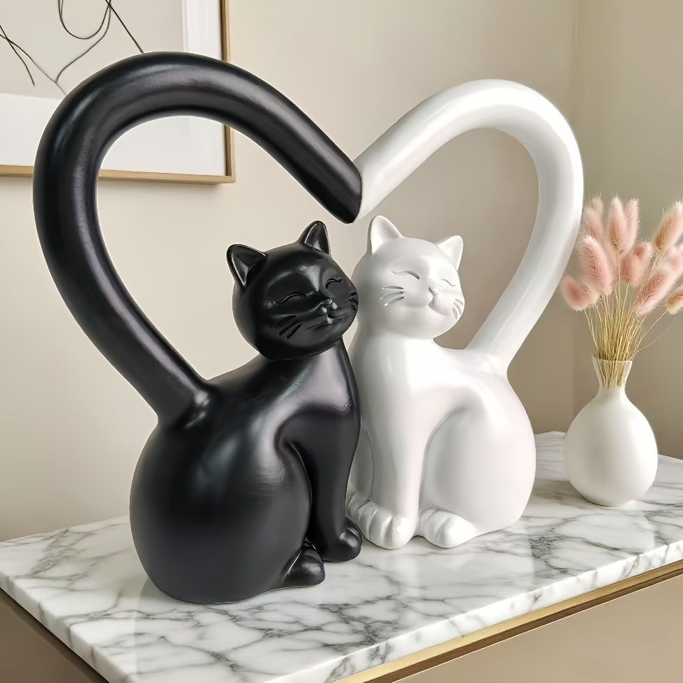 オブジェ 置物 ハートの尻尾をしているネコのカップル 白黒 2個セット モダン シンプル インテリア リビング ダイニング 玄関 寝室 装飾 オ