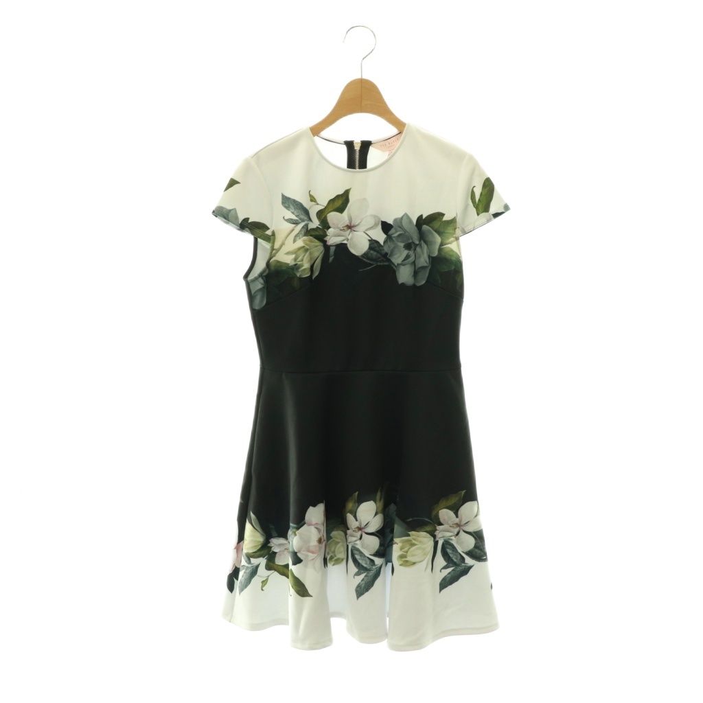 テッドベーカー TED BAKER フラワープリントワンピース フレンチスリーブ ミニ 1 ホワイト ブラック マルチカラー /DO ■OS