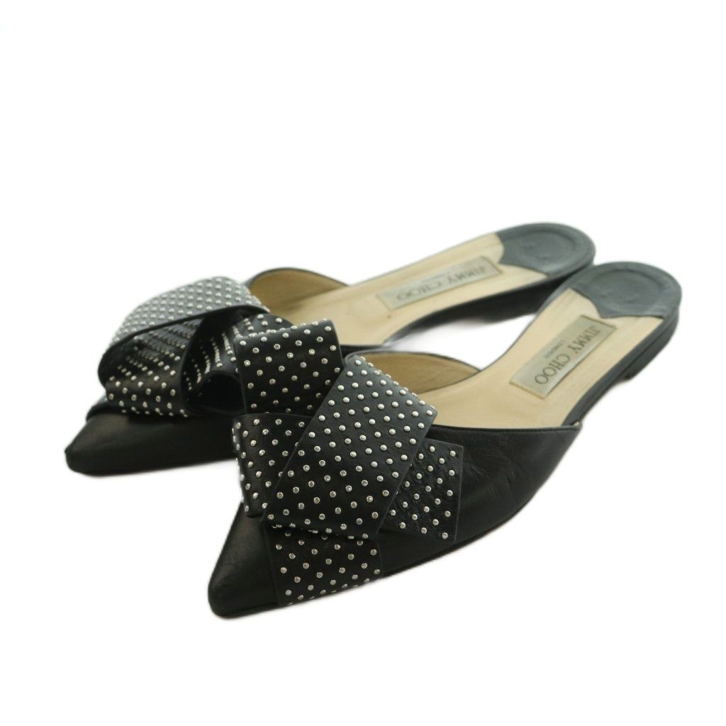 ジミーチュウ JIMMY CHOO リボン レザー フラットミュール スタッズ 38.5 25.5cm 黒 ブラック シルバーカラー /MI ■OS