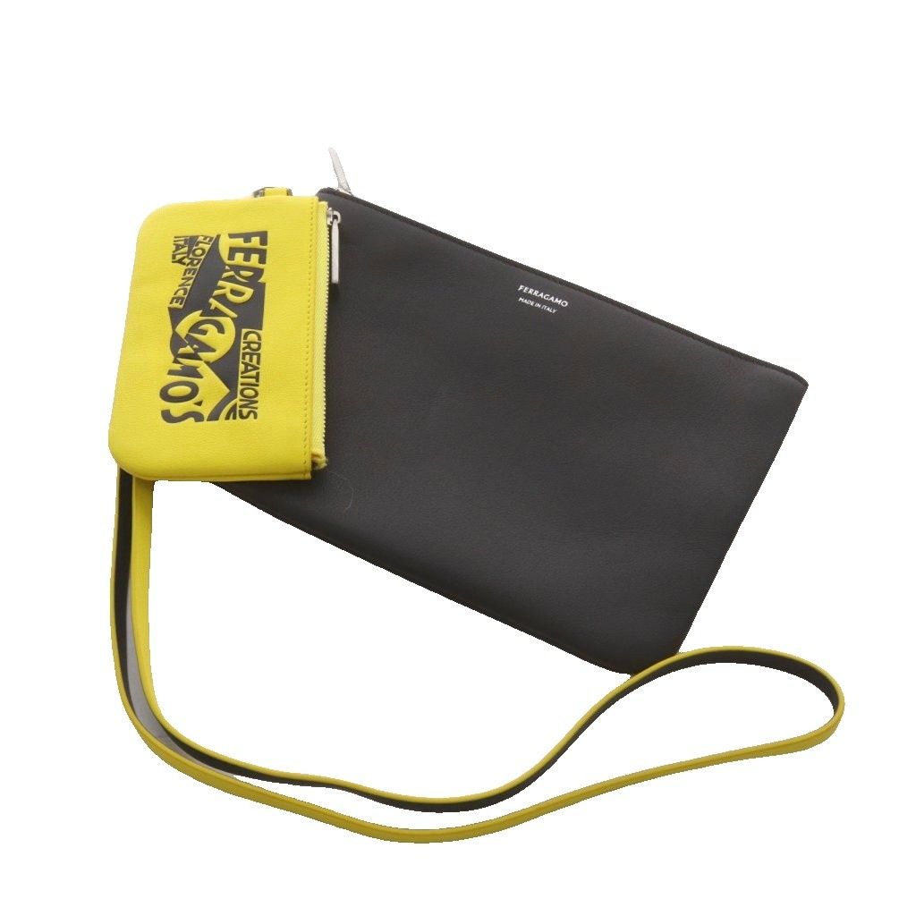 サルヴァトーレフェラガモ Salvatore Ferragamo リストレット ポーチ ロゴ レザー 黒 ブラック 黄 イエロー /AN13 ■OH