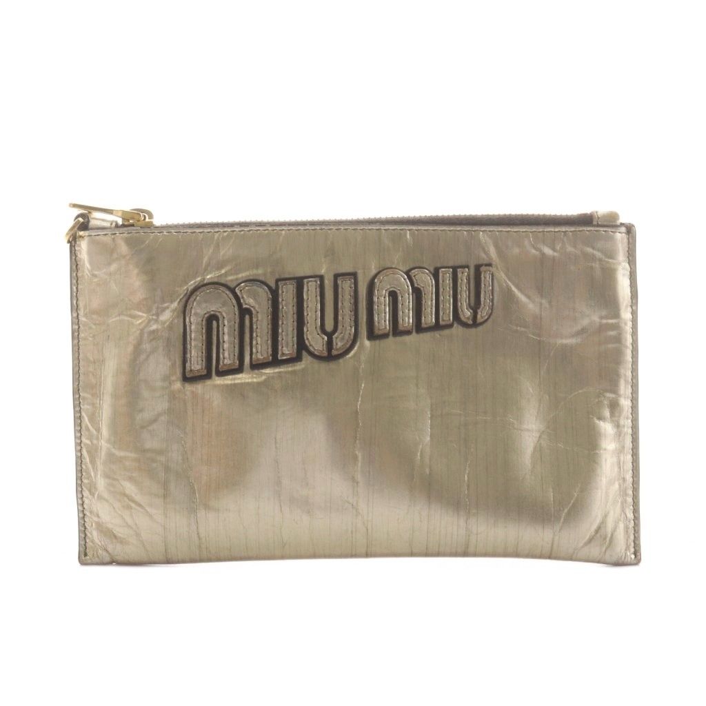 ミュウミュウ miumiu ポーチ ロゴ レザー ゴールド色 /AN16 ■OH