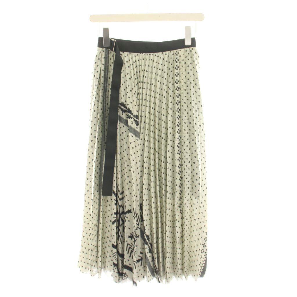 サカイ sacai Pattern Knit Print Skirt パターンニットプリントスカート ロング ラップ巻き プリーツ 総柄 0 黒 カーキ 白 24-07432 /YM