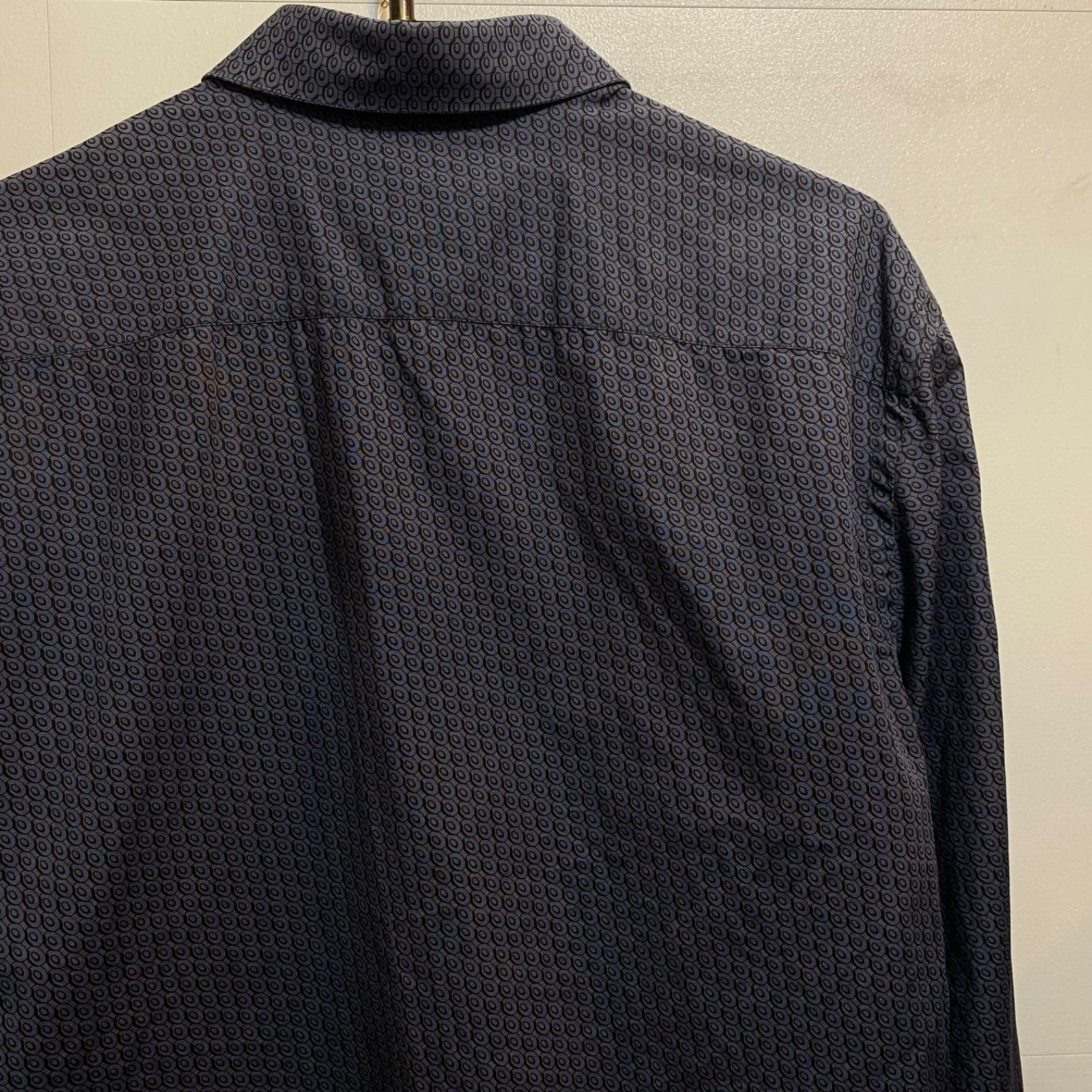 美品 プラダ イタリア製 高級コットン総柄シャツ 比翼 38/15 S~M