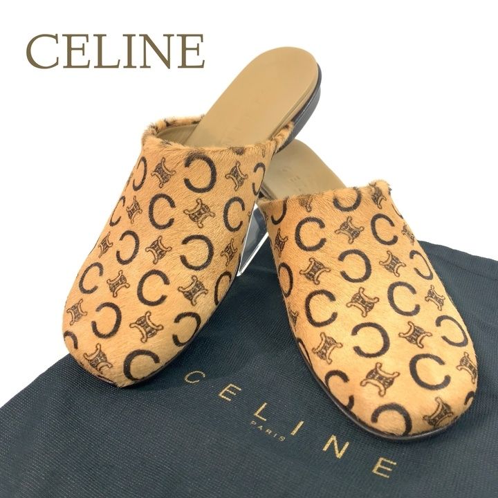 美品 CELINE セリーヌ Cマカダム柄 ミュール サンダル スリッポン ハラコ 35 約22cm ブラウン レディース 靴