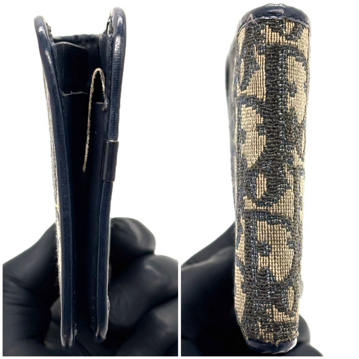【記憶を織り込む】　Dior　二つ折り財布 トロッター柄 キャンバス レザー ヴィンテージ コンパクトウォレット　ネイビー