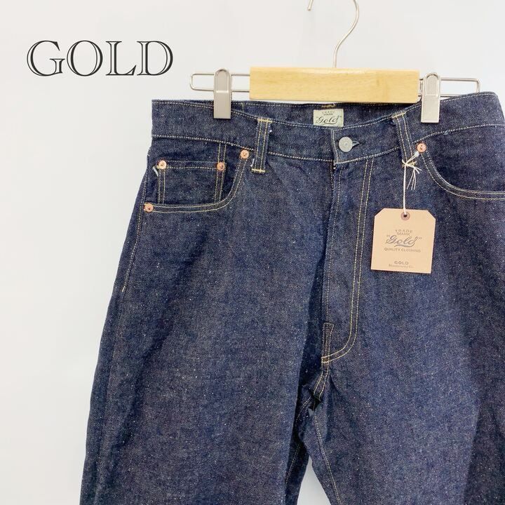 極美品 gold RECYCLED WASTE SUVIN COTTON YARN 14oz. DENIM 5POCKET WIDE PANTS GL42579A デニム M 濃紺 東洋 メンズ
