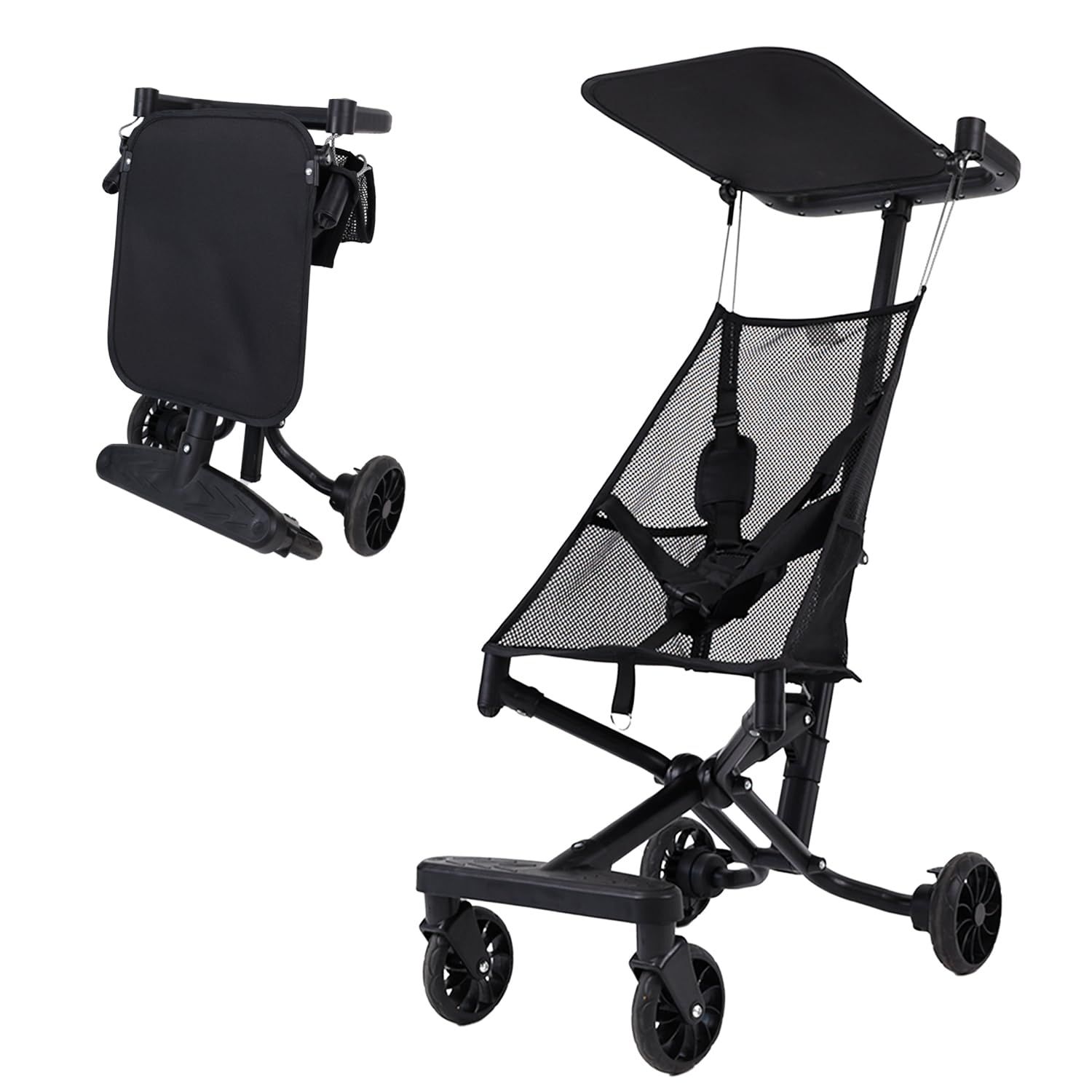 [MRG] ベビーカー b型 軽量 コンパクト 4輪 メッシュ 折りたたみ 日除け 軽い サンルーフ 持ち運び お出かけ 涼しい (ブラック)★