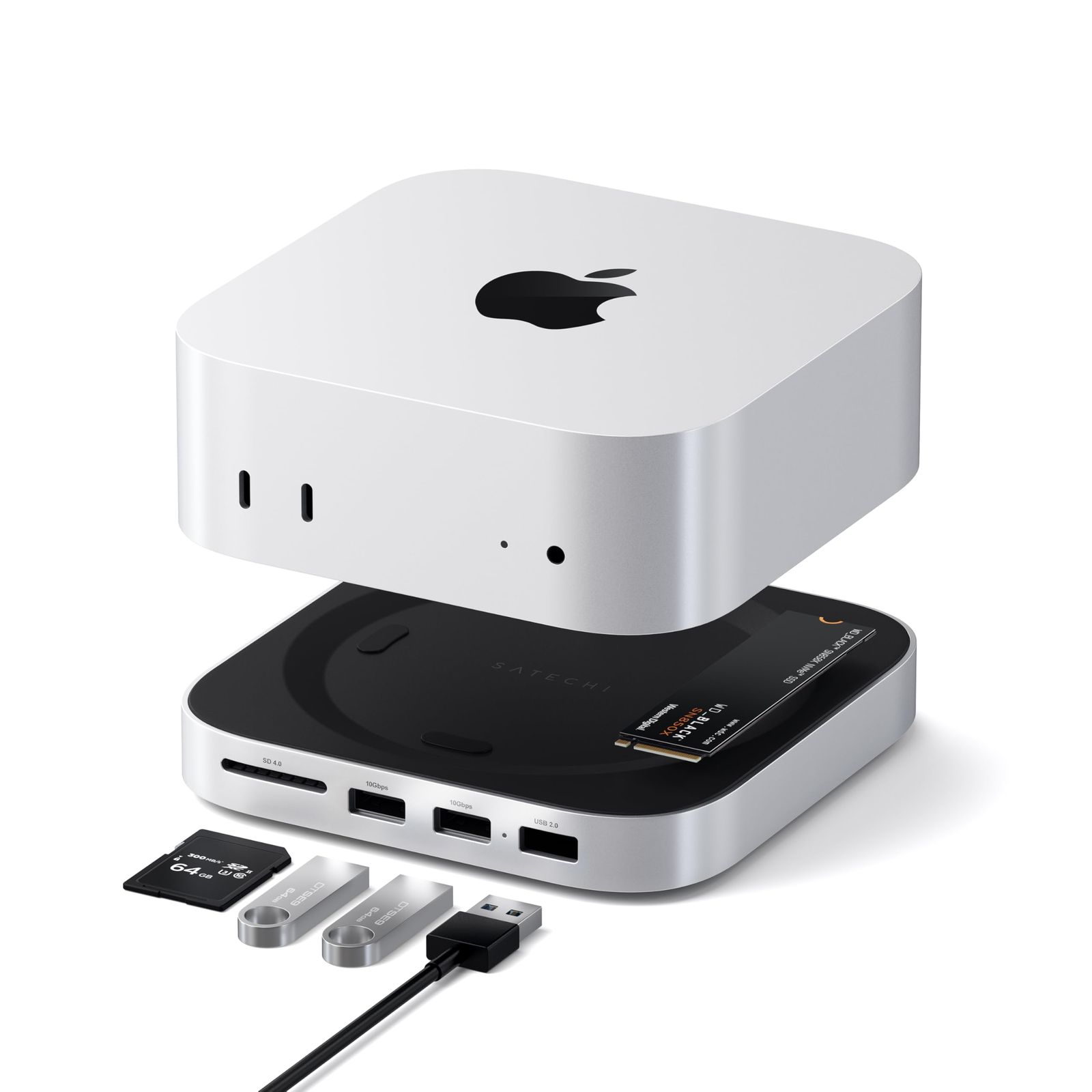 Satechi Mac Mini M4 ハブ & スタンド NVMe SSDケース付き、最大10Gbps USB-Aポート×2、USB-Aデータポート、SDカードリーダー搭載 Mac Mini M4、M4 Pro用、最適化セルフクーリング設計 - シルバー★ Satechi Mac Mini M4 ハブ & スタンド NVMe SSDケース付き、最大10Gbps USB-Aポート×2、USB-Aデータポート、SDカードリーダー搭載 Mac Mini M4、M4 Pro用、最適化セルフクーリング設計 - シルバー★