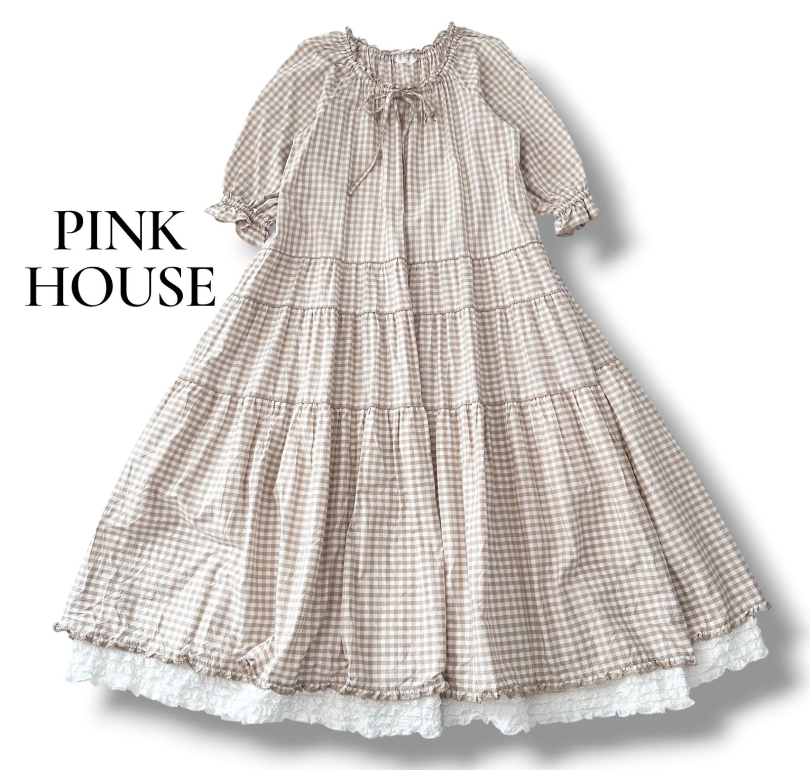 【ピンクハウス】ギンガムチェック ティアードスカート ピコフリル リボン ピンクハウス PINK HOUSE ギンガムチェックワンピース ピコフリル