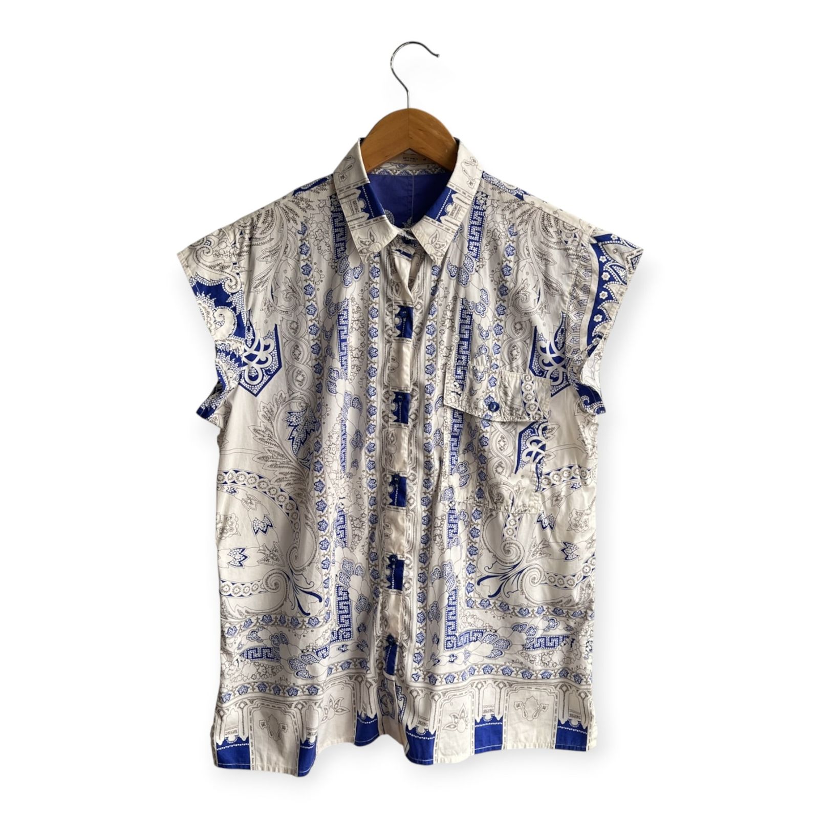 ETRO エトロ ペイズリー 総柄 フレンチ 半袖シャツ サイズ 42 /ホワイト×ブルー/ノースリーブシャツ/レディース/イタリー製