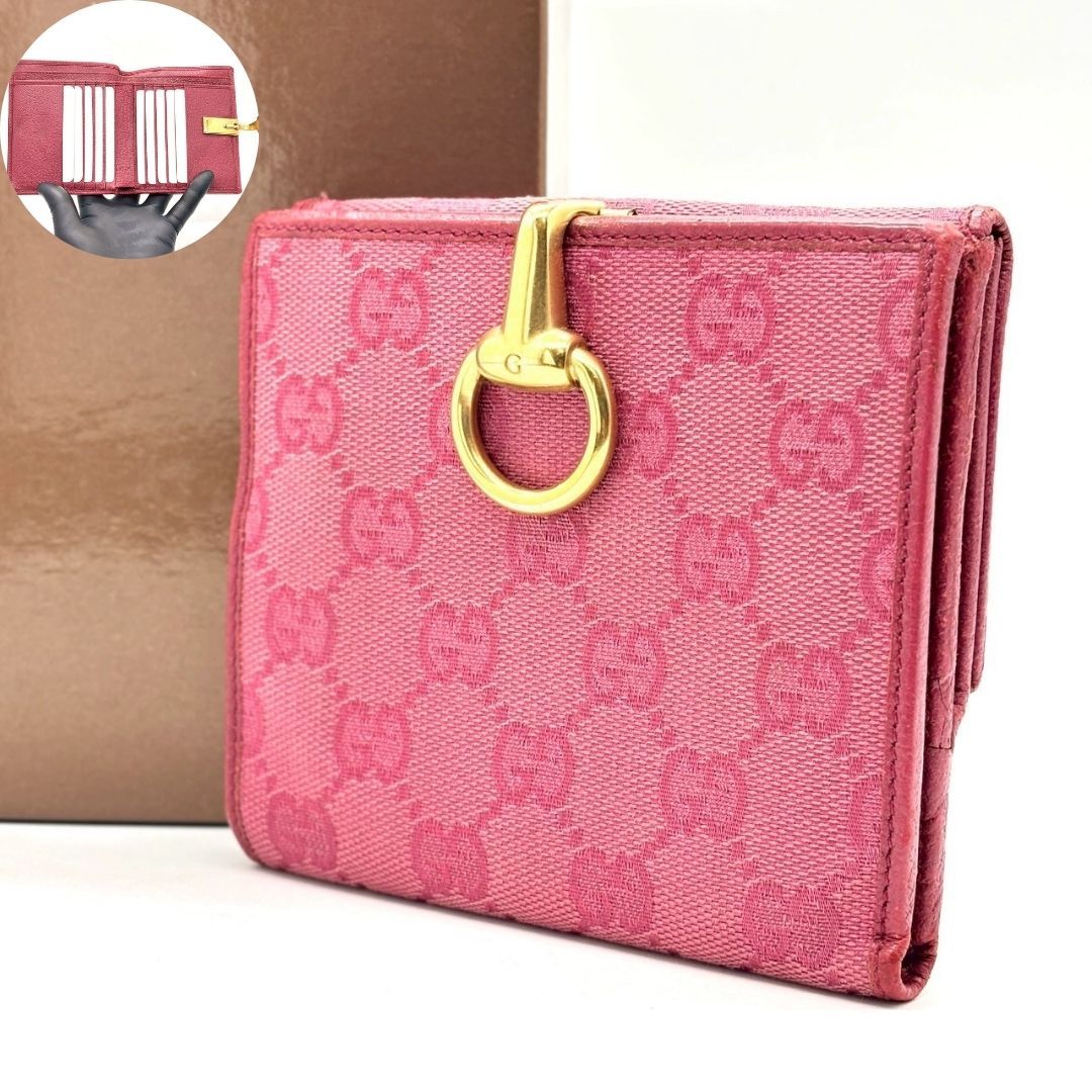【可憐は芯に宿る】　GUCCI　二つ折り財布 GGキャンバス ホースビット クリップ式 10カード　ピンク