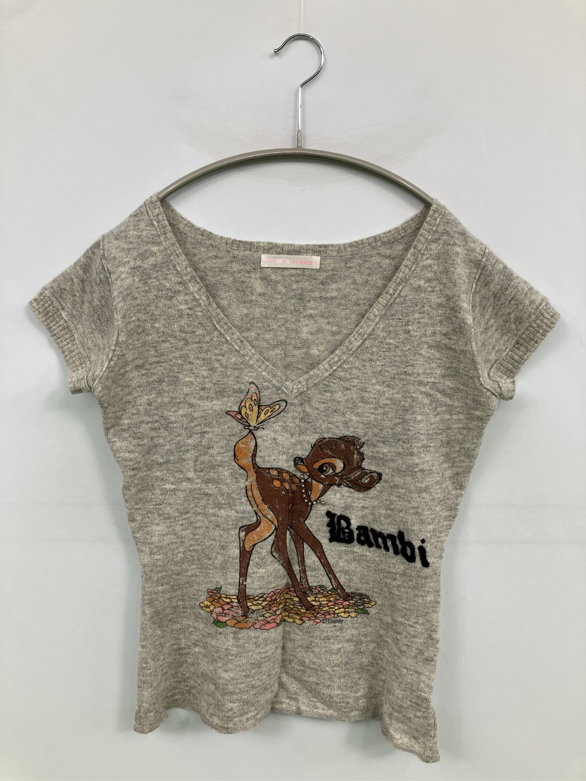 FREE'S PHRASE フリーズフレーズ Tシャツ/カットソー M グレー 前面プリント ミドル丈 半袖 Vネック レディース