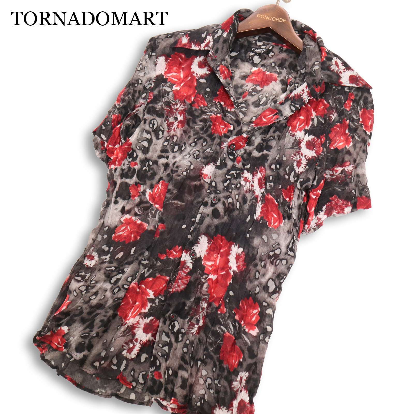 Y2K 00s★ TORNADOMART トルネードマート 春夏 シワ加工★ 花柄 × レオパード総柄 半袖 スリム シャツ 日本製 Sz.L メンズ
