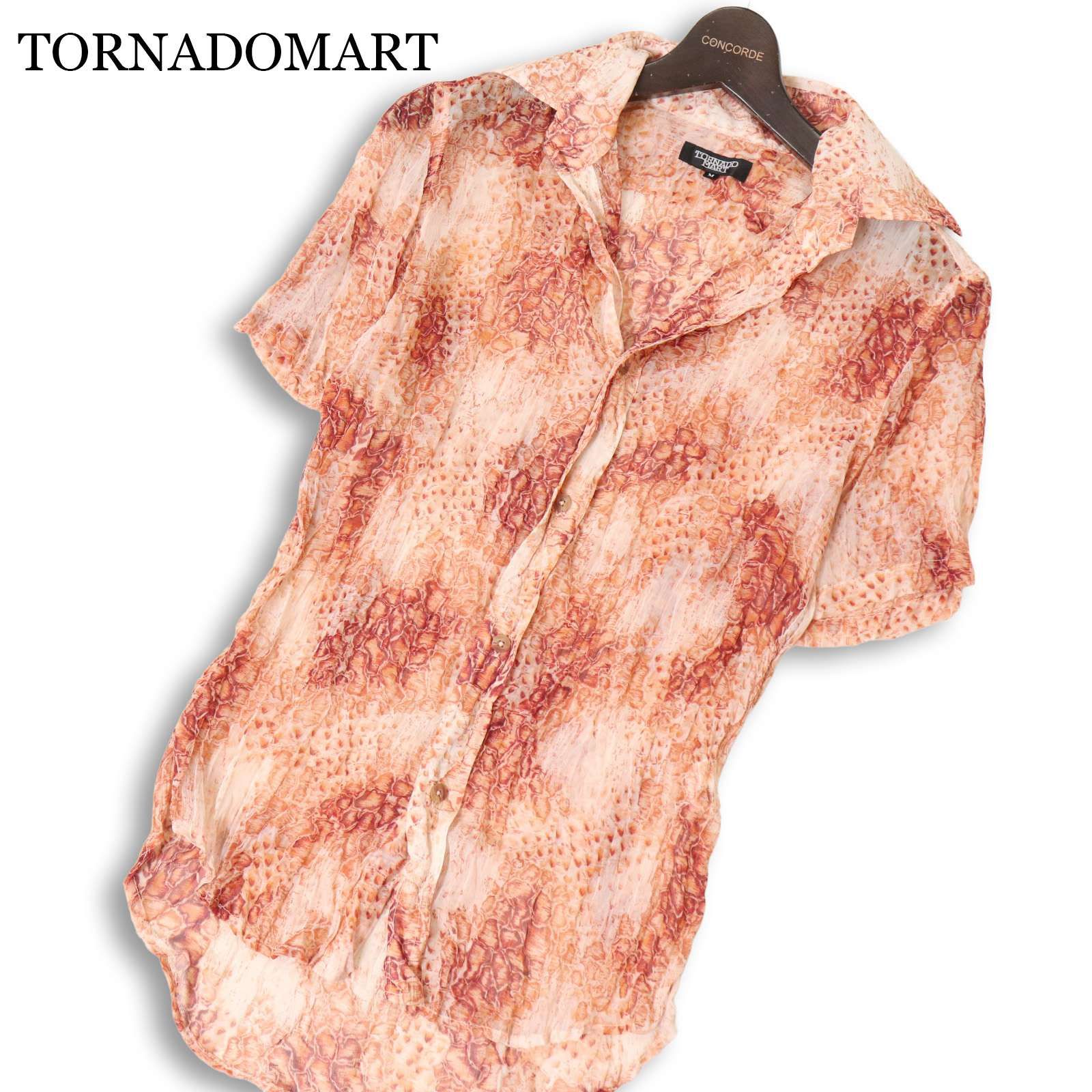 Y2K 00s★ TORNADOMART トルネードマート 春夏 シワ加工★ パイソン総柄 半袖 シースルー スリム シャツ 日本製 Sz.M メンズ