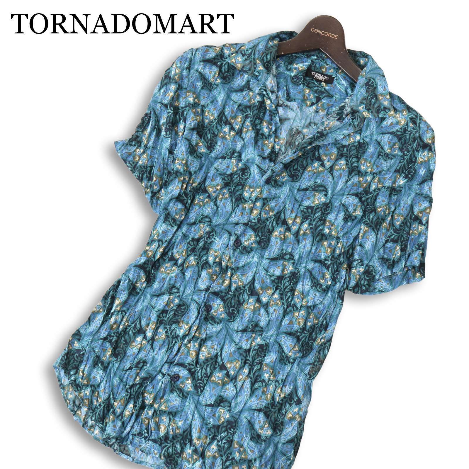 Y2K 00s★ TORNADOMART トルネードマート 春夏 シワ加工★ 半袖 ボタニカル フラワー総柄 スリム シャツ 日本製 Sz.M メンズ