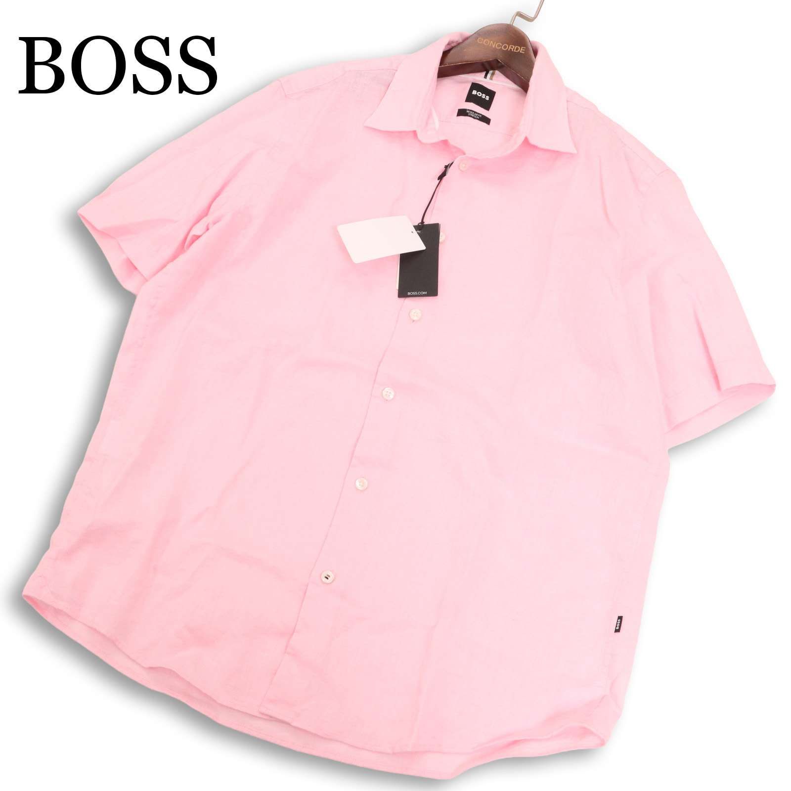 【新品 未使用】 BOSS ボス ヒューゴボス 春夏★ レギュラーフィット 半袖 ストレッチ リネン シャツ Sz.M メンズ ピンク