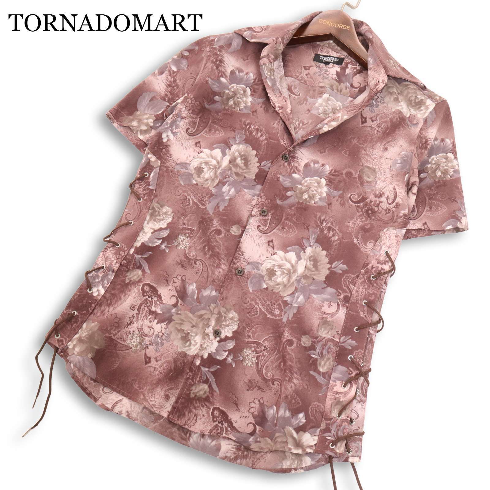 Y2K 00s★ TORNADOMART トルネードマート 春夏 花柄 フラワー総柄★ 半袖 レースアップ スリム シャツ 日本製 Sz.M メンズ