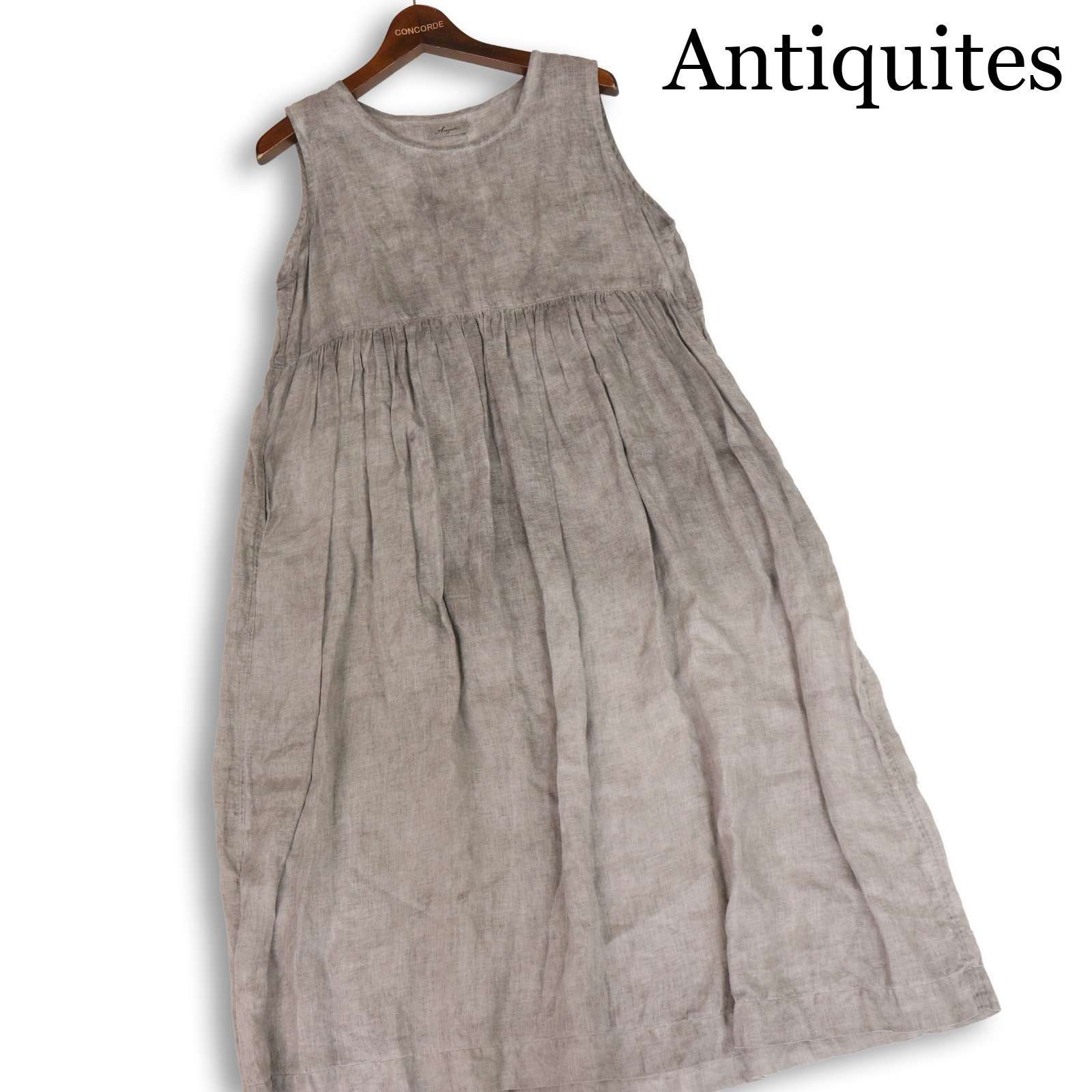 ICHI Antiquites イチ アンティークス 春夏 麻100%♪ ムラ染め リネン ノースリーブ ワンピース Sz.F　レディース グレー