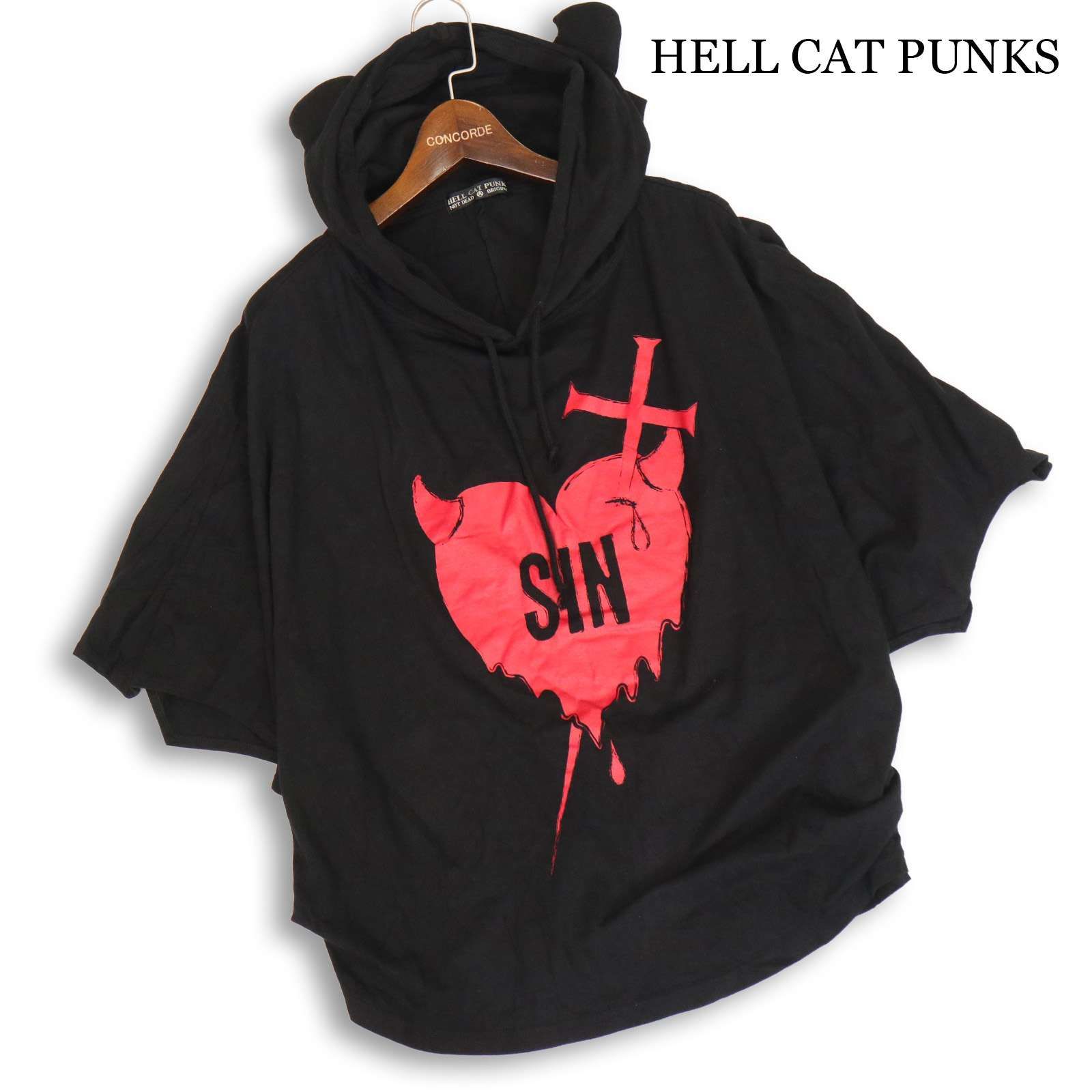 HELL CAT PUNKS ヘルキャットパンクス 春夏 耳付き♪ ドルマン デビル ポンチョ パーカー 日本製 Sz.F レディース 黒 パンク