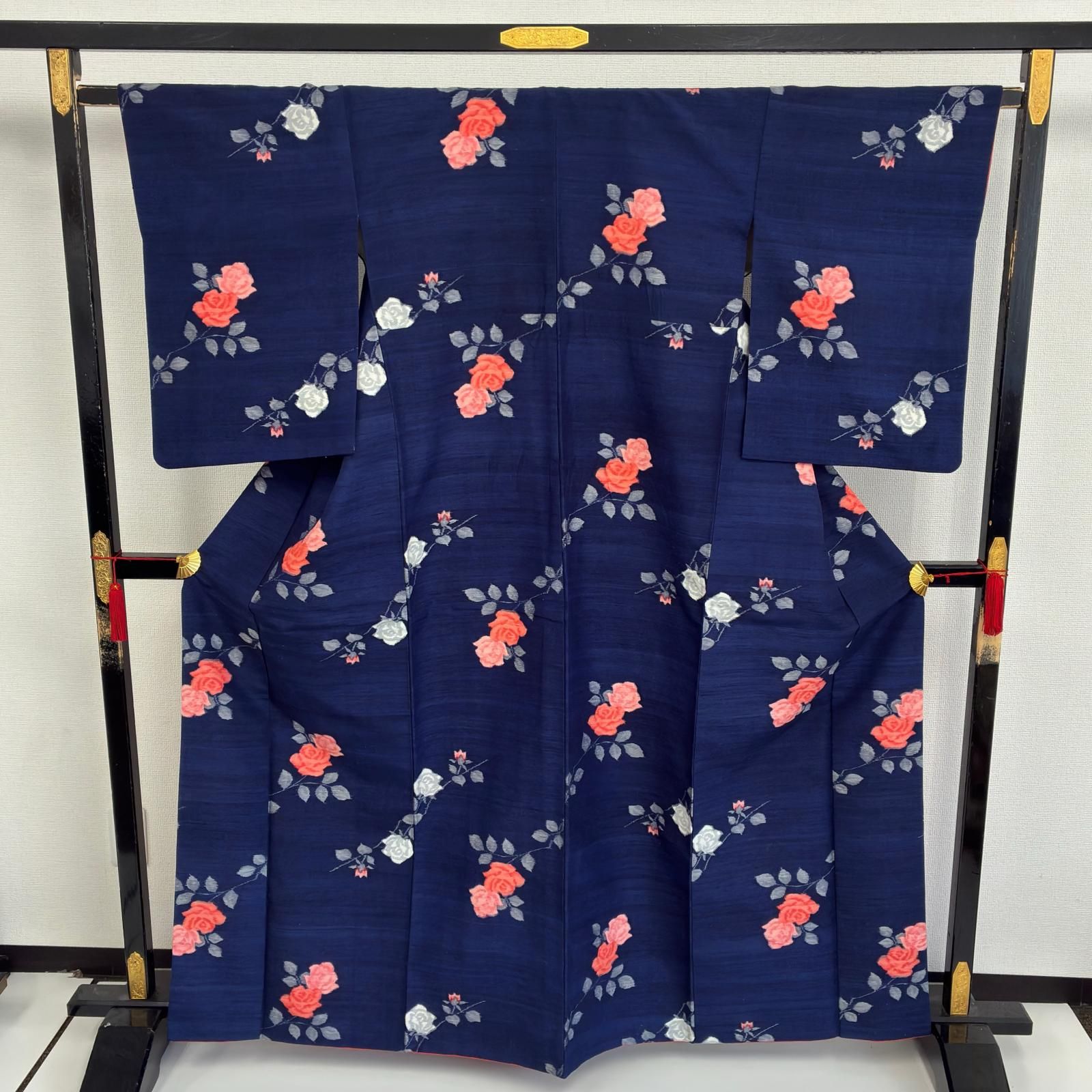 真綿紬 正絹 藍染め 花草の絣 袷 着物 MK-7645 - メルカリ