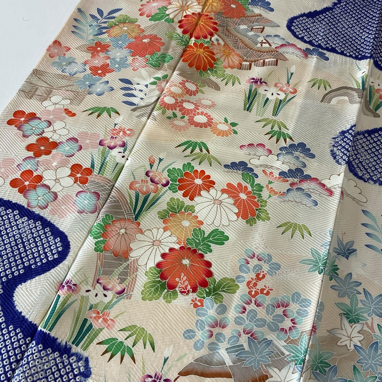 振袖 裄69 鹿子絞り 素敵な染めの花 袷 着物 MK-9902