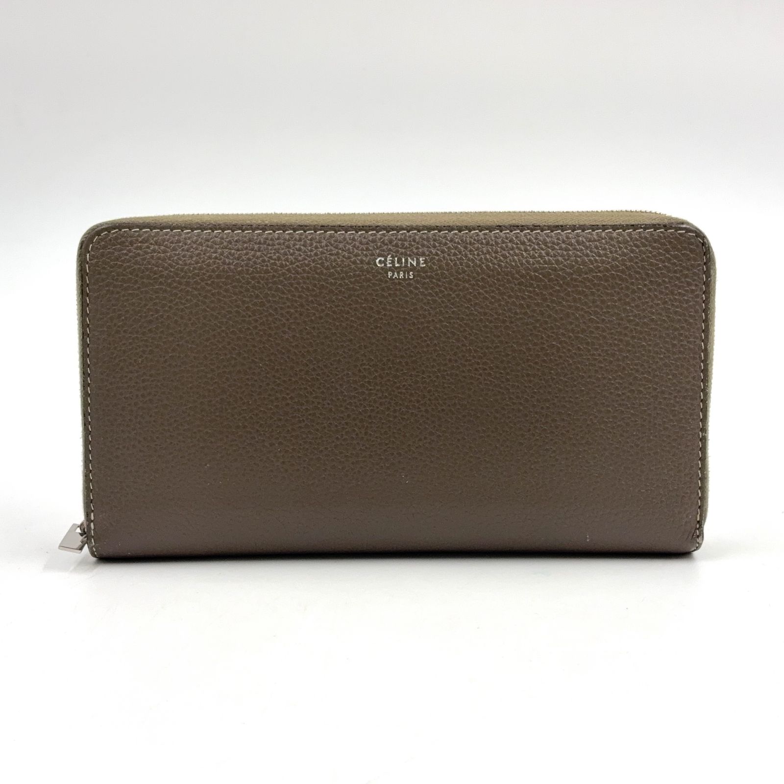 【新着】CELINE ラージ ジップ レザー グレーベージュ 長財布 シルバー