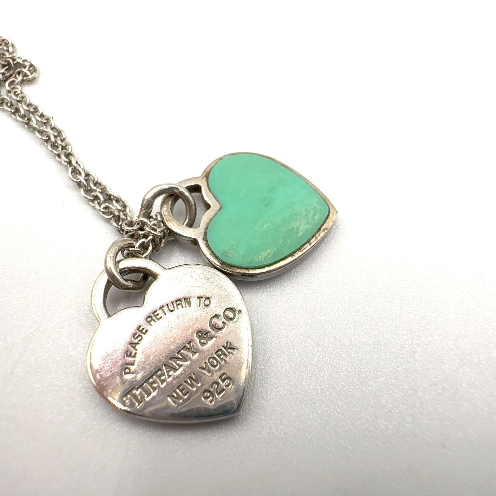美品 ティファニー ダブルハート ブルー ネックレス シルバー AG925 TIFFANY & Co. ブルー ダブルハート タグ エナメル、AG925 シルバー