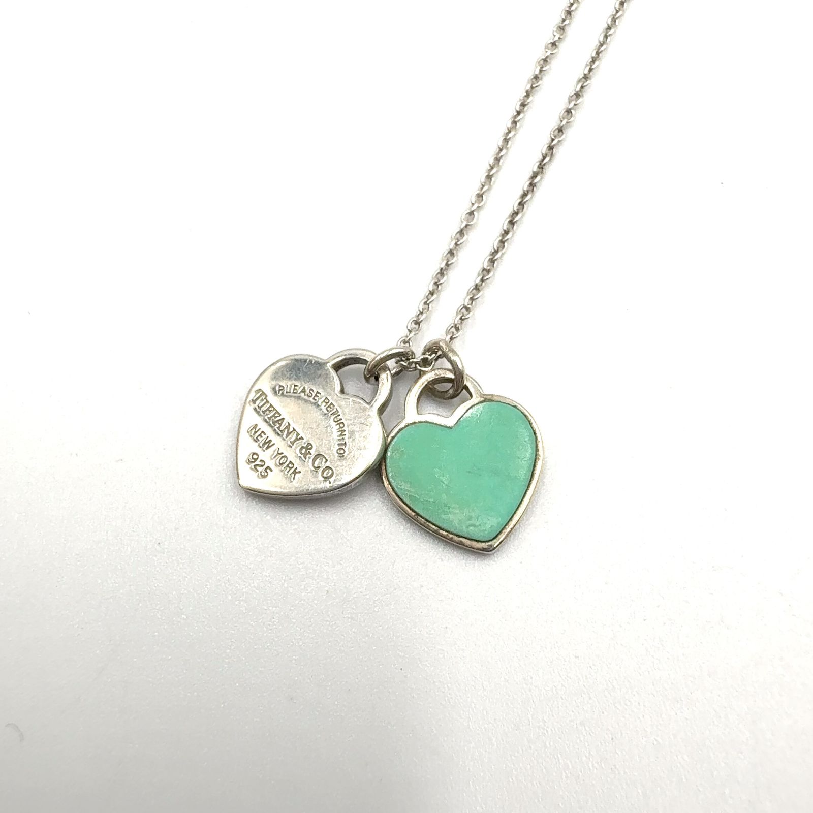 【新着】TIFFANY & Co. ブルー ダブルハート タグ エナメル、AG925 シルバー、ライトブルー ネックレス