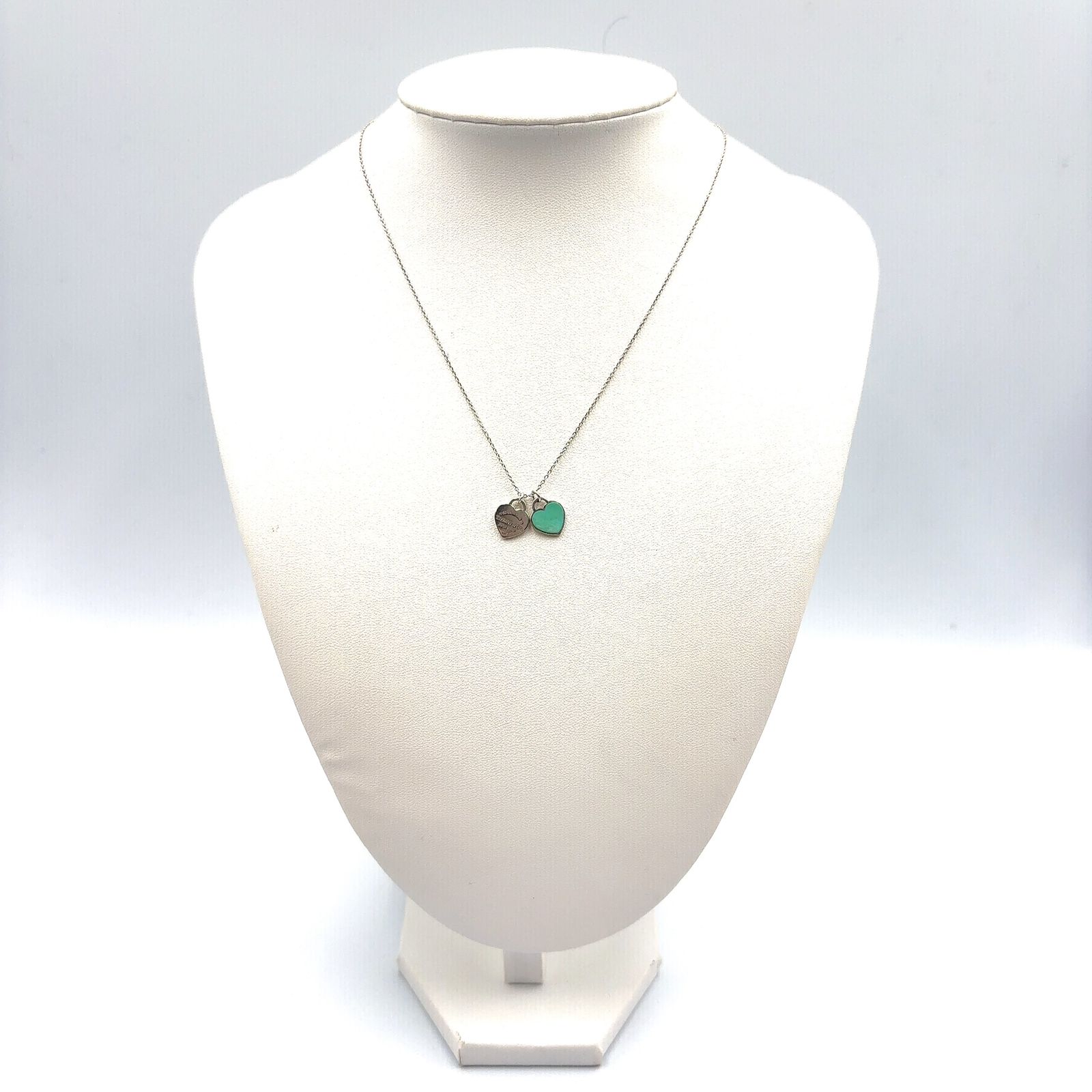 美品 ティファニー ダブルハート ブルー ネックレス シルバー AG925 TIFFANY & Co. ブルー ダブルハート タグ エナメル、AG925 シルバー