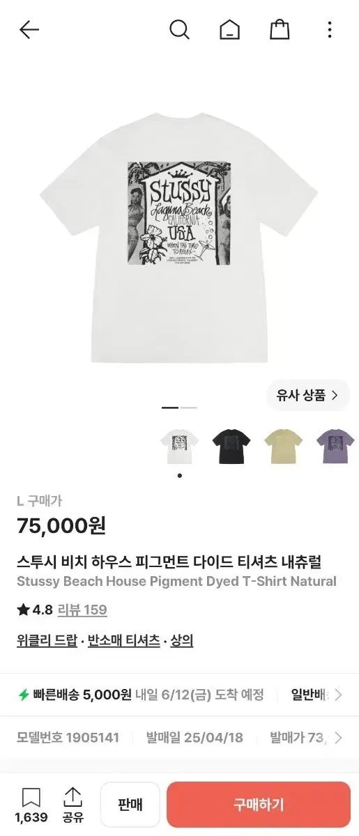 STUSSY ビーチハウス ピグメントダイド Tシャツ ナチュラル