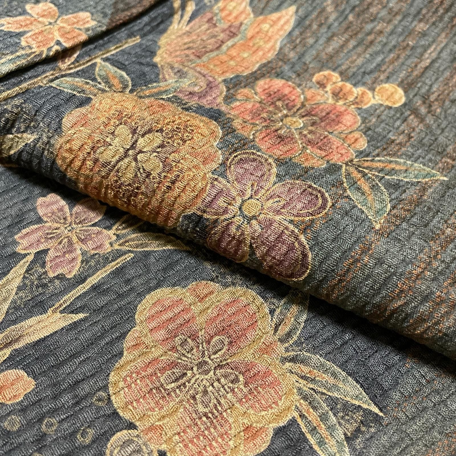小紋 ふくれ織 花模様に蝶 着物 化繊 X-3572