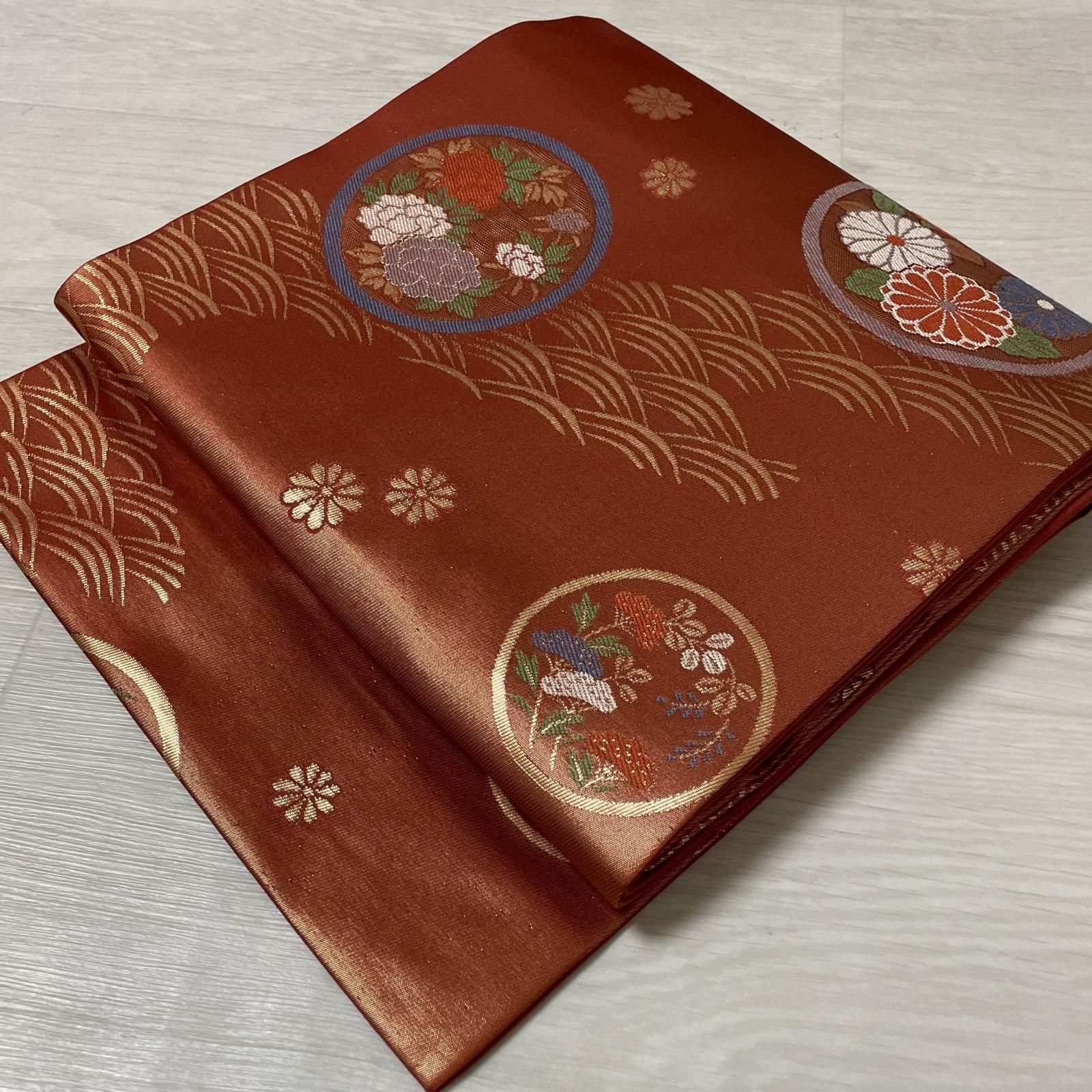 名古屋帯 金彩 丸に花模様 荒波 九寸 正絹 着物 X-3586
