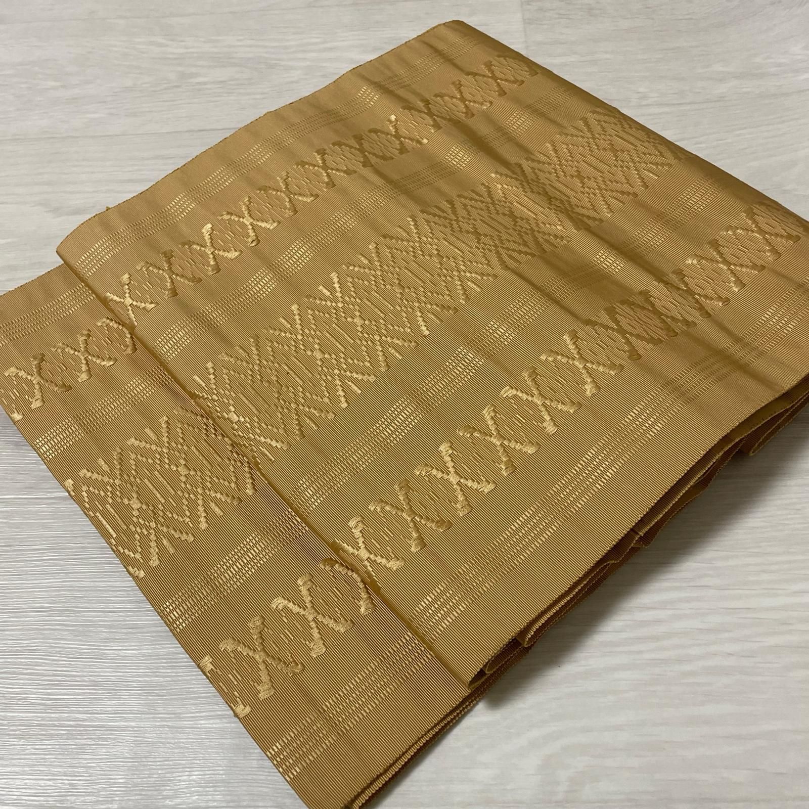 本場筑前博多献上 名古屋帯 上品な辛子色 八寸 正絹 着物 X-3593