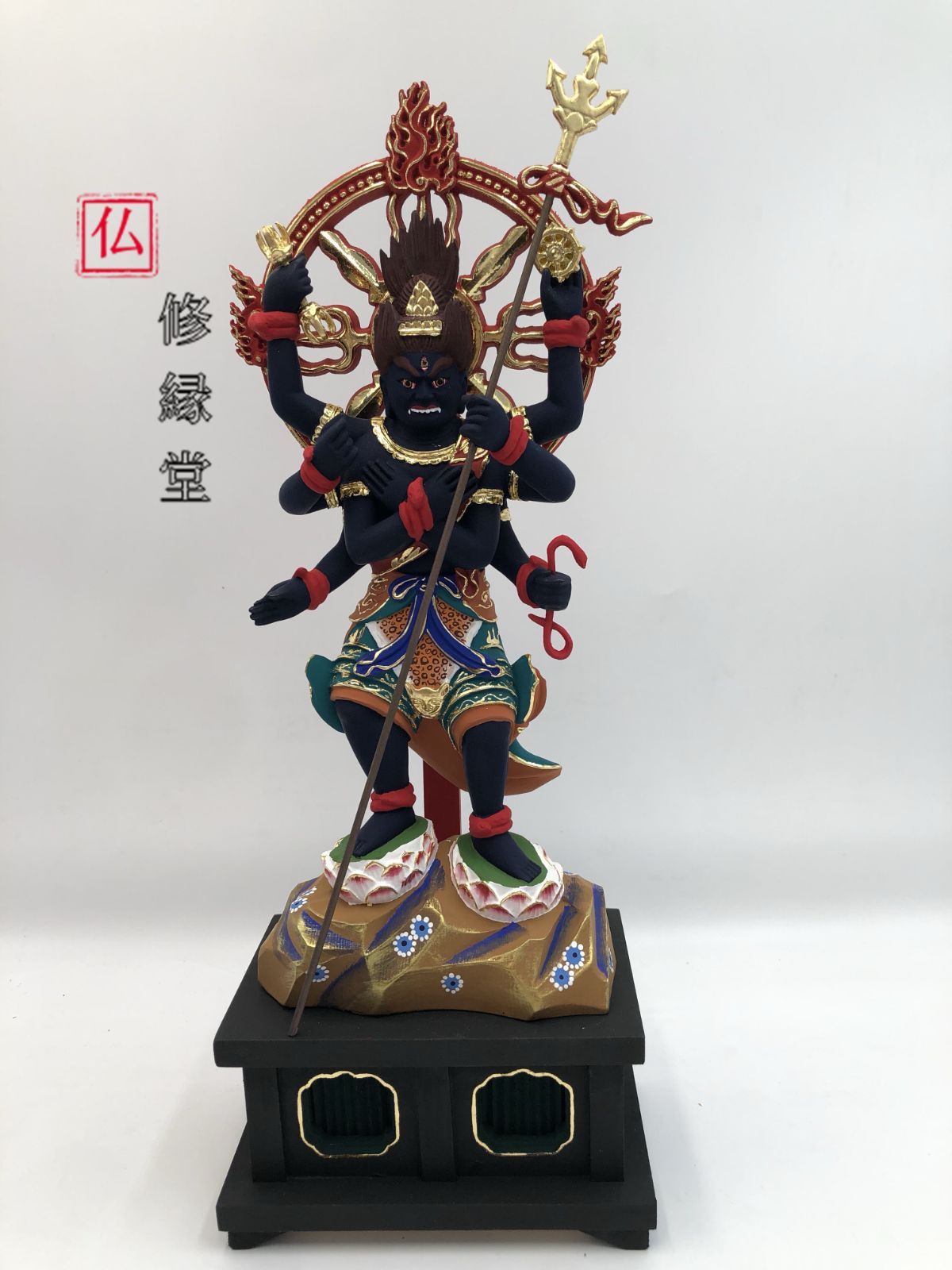 【修縁堂】彩金 彩繪 金箔 軍荼利明王 仏師手工精彫り 木彫仏像 極上品