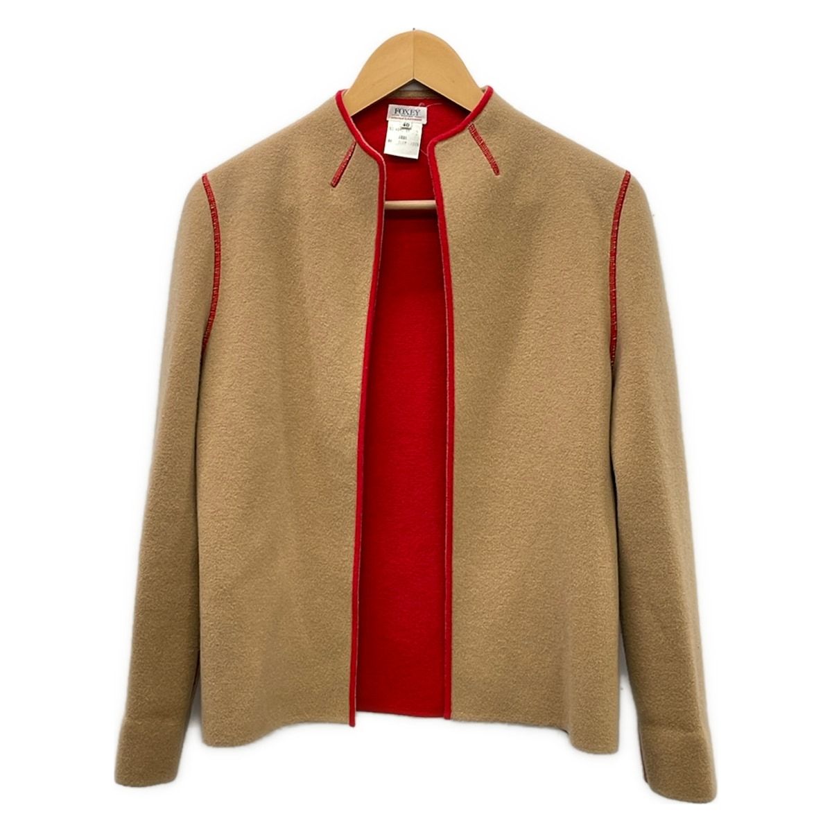 FOXEY(フォクシー) カーディガン サイズ40 M レディース美品 ベージュ×レッド 長袖/ハイネック/カシミヤ