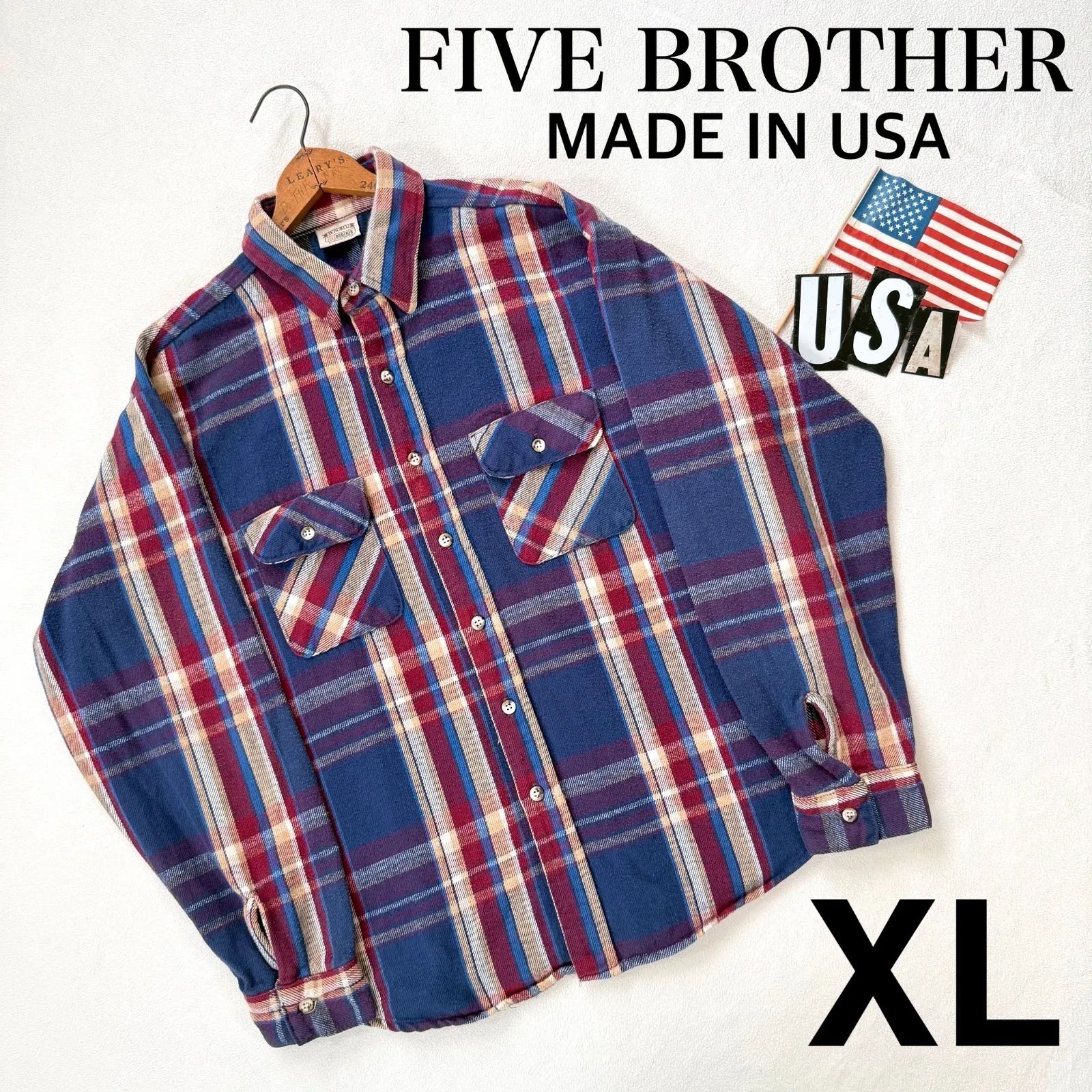 【美品・XL・ネイビー×エンジ】90s ファイブブラザー ネルシャツ ヘビーネル USA製 チェック ヴィンテージ ビンテージ