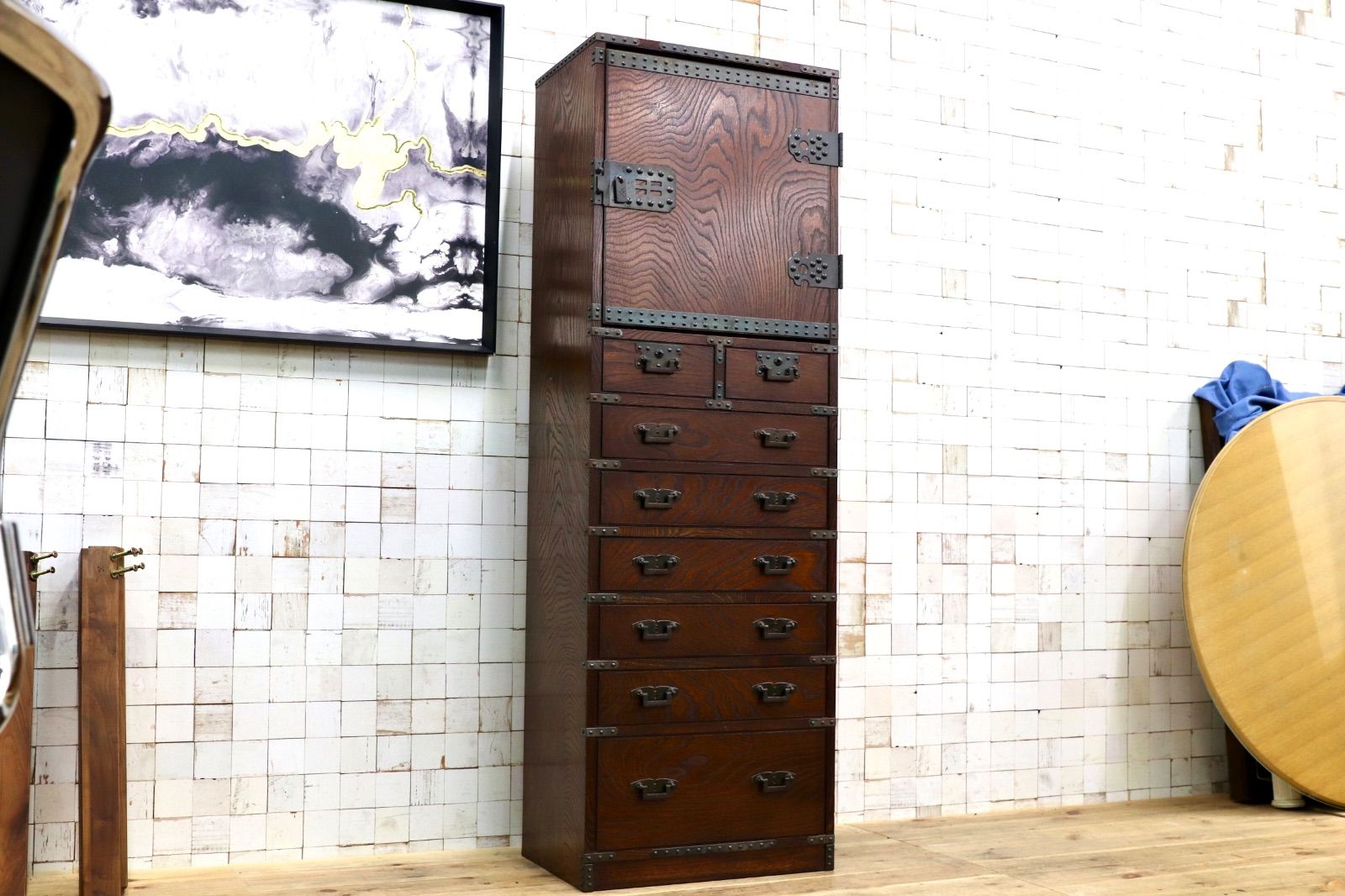 GMJH163○民芸家具 和箪笥 整理箪笥 欅材 桐材 和モダン チェスト 収納家具 南部鉄器 トールチェスト アンティーク 和家具 レトロ