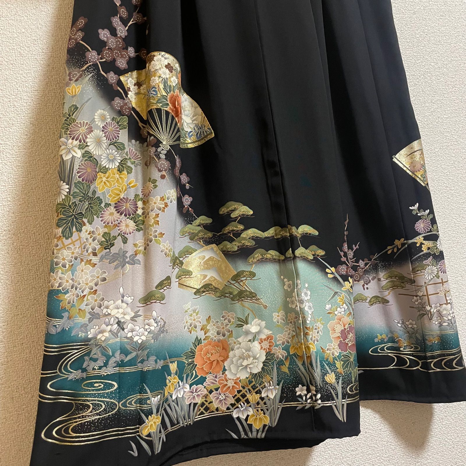 一点物 着物リメイク ロングワンピース ドレス 黒留袖 正絹 流水扇花