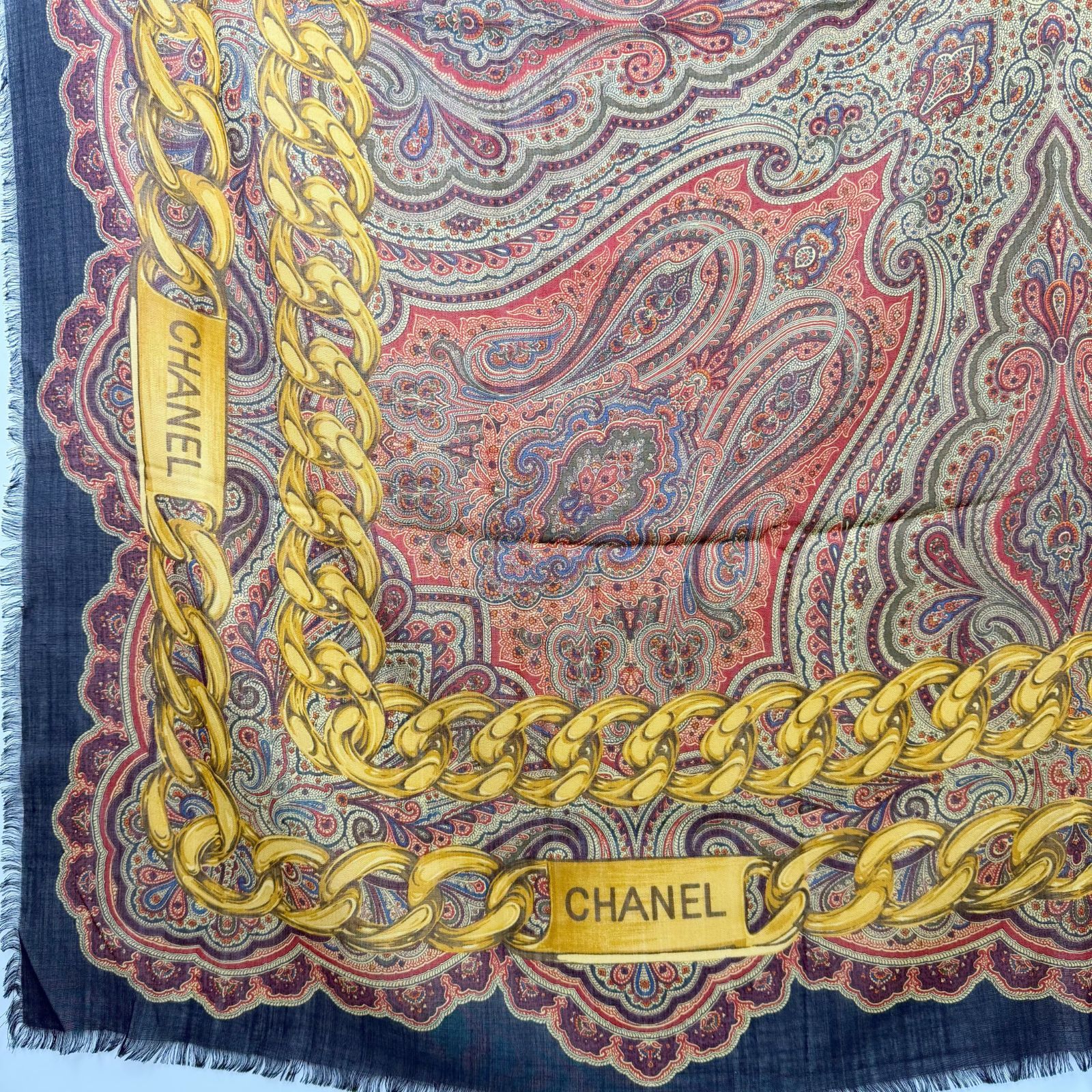 中古】CHANEL シャネル チェーン ペイズリー柄 大判 ストール カシミヤ