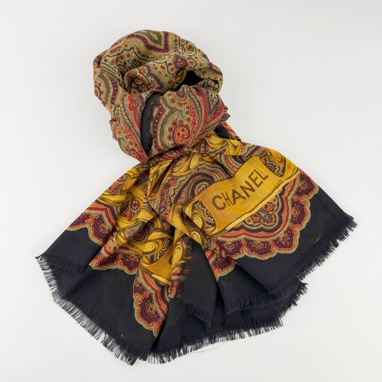 中古】CHANEL シャネル チェーン ペイズリー柄 大判 ストール カシミヤ