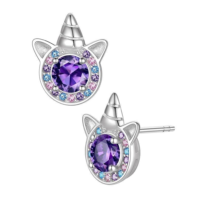 [Just Being Cute]誕生石 ピアス レディース 可愛いユニコーン イヤリング ジルコニア シルバー925 ピアス 金属アレルギー対応 12ヶ月対応 誕生日 記念日 人気 プレゼント-2月