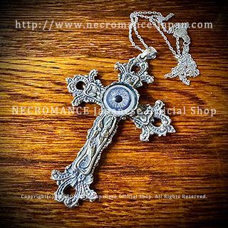 【限定】【新品】シルバーローズロザリオ義眼ネックレス <ブルー/Blue/青> NECROMANCE ネクロマンス 十字架 クロス 目玉