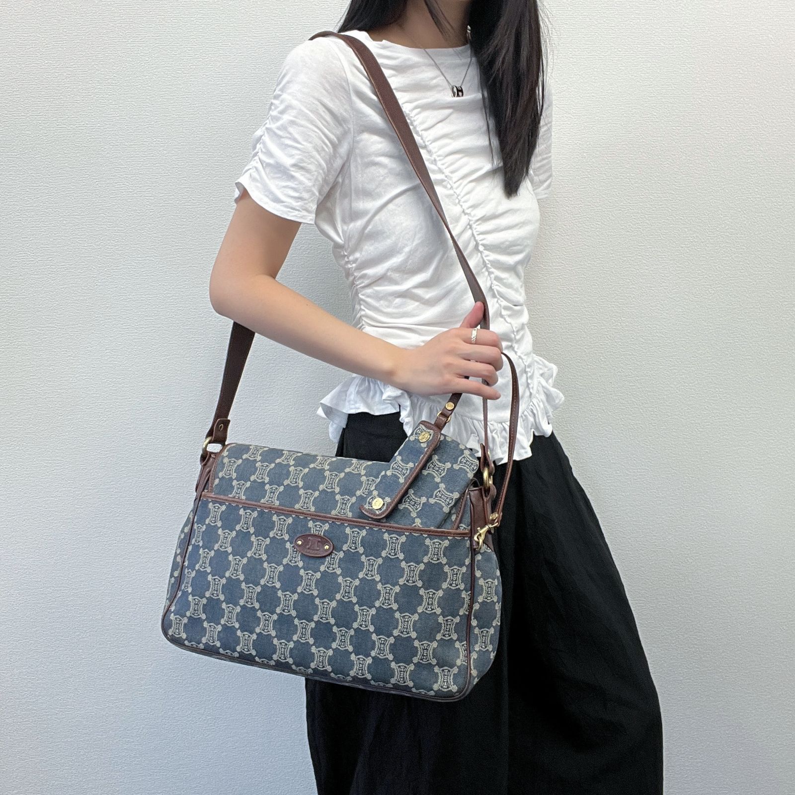 中古】CELINE セリーヌ デニム マカダム柄 ショルダーバッグ ポーチ