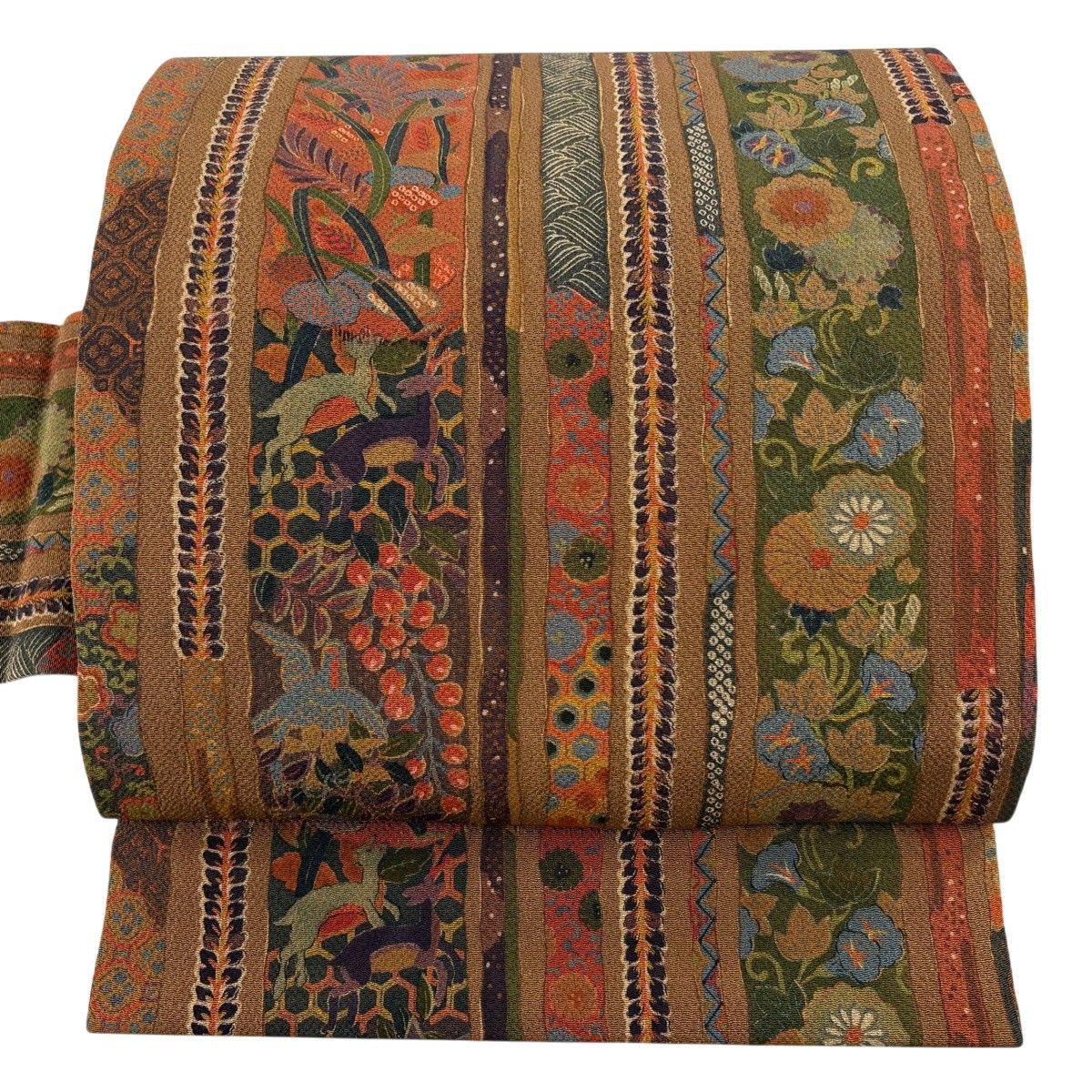 【美品】 名古屋帯 逸品 山岡古都 草花 縞 茶色 正絹 【中古】