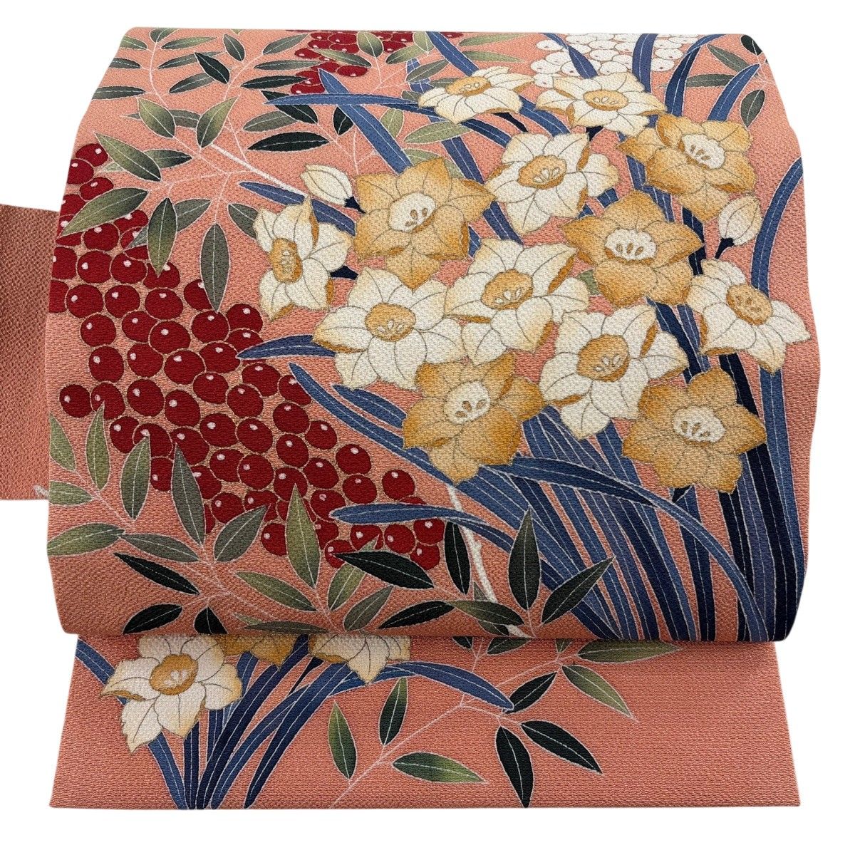 名古屋帯 逸品 南天 水栓 金彩 縮緬 薄オレンジ 正絹 【中古】