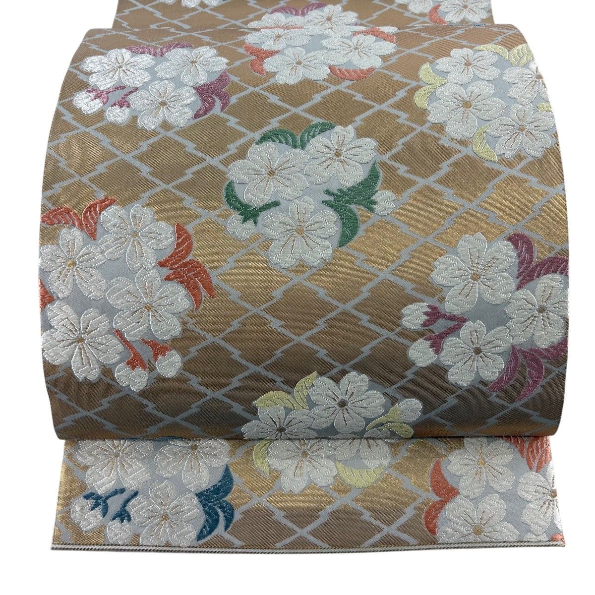 【美品】 袋帯 逸品 落款 山口成三郎 松皮山桜文 唐織 箔 金色 六通 正絹 【中古】