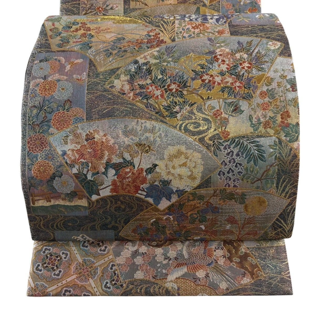 【美品】 丸帯 逸品 扇面 草花 金糸 箔 灰緑 お太鼓柄 正絹 【中古】