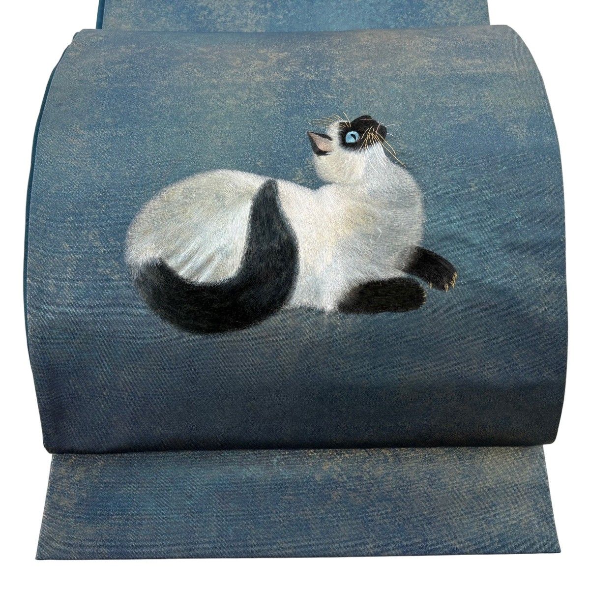 【美品】 袋帯 逸品 シャム猫 蝶 蘇州刺繍 箔 緑 お太鼓柄 正絹 【中古】