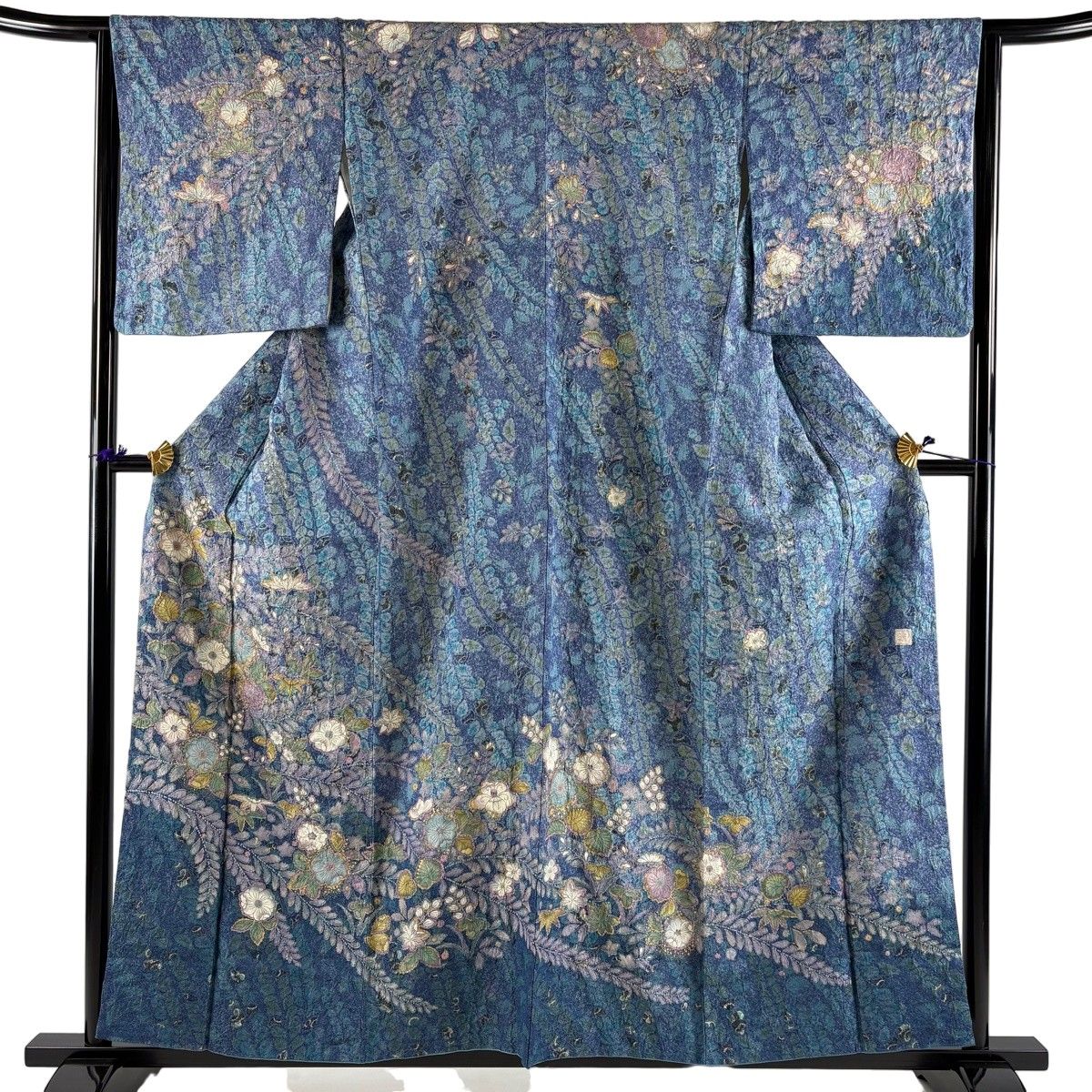【美品】 訪問着 身丈157.5cm 裄丈64cm M 袷 落款 辻が花 金彩 銀通し 藍色 正絹 名品 【中古】