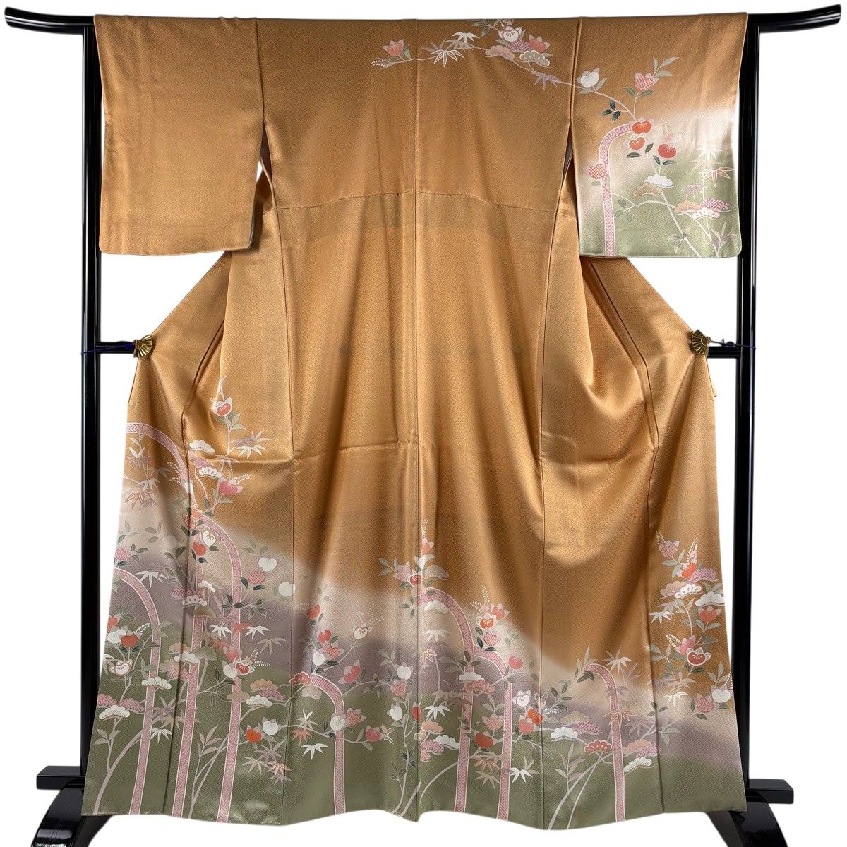 訪問着 身丈163cm 裄丈64cm M 袷 橘花 松笹 金糸 金彩 薄茶色 正絹 名品 【中古】